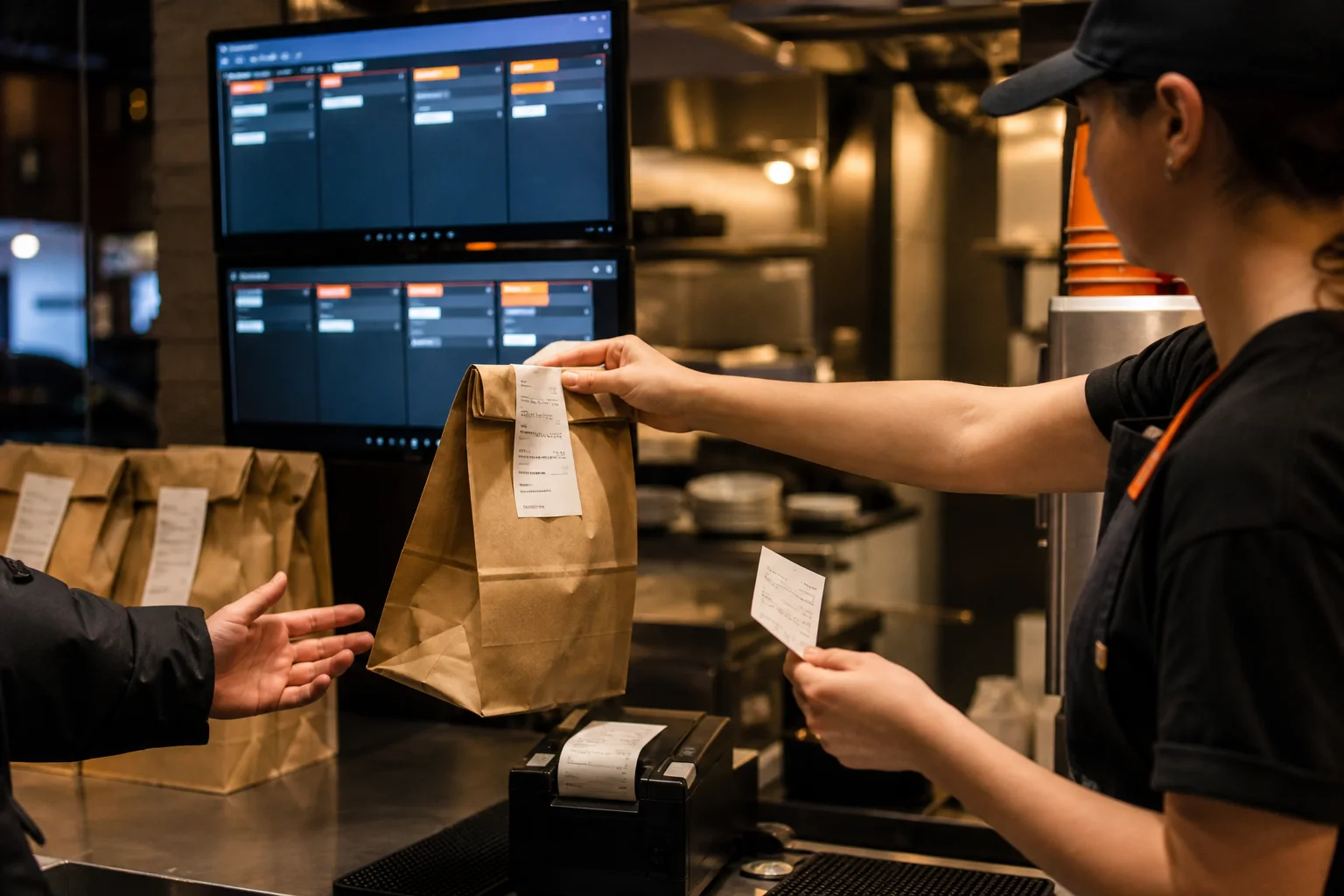 Une commande imprimée est remise à l'équipe devant l'écran de cuisine