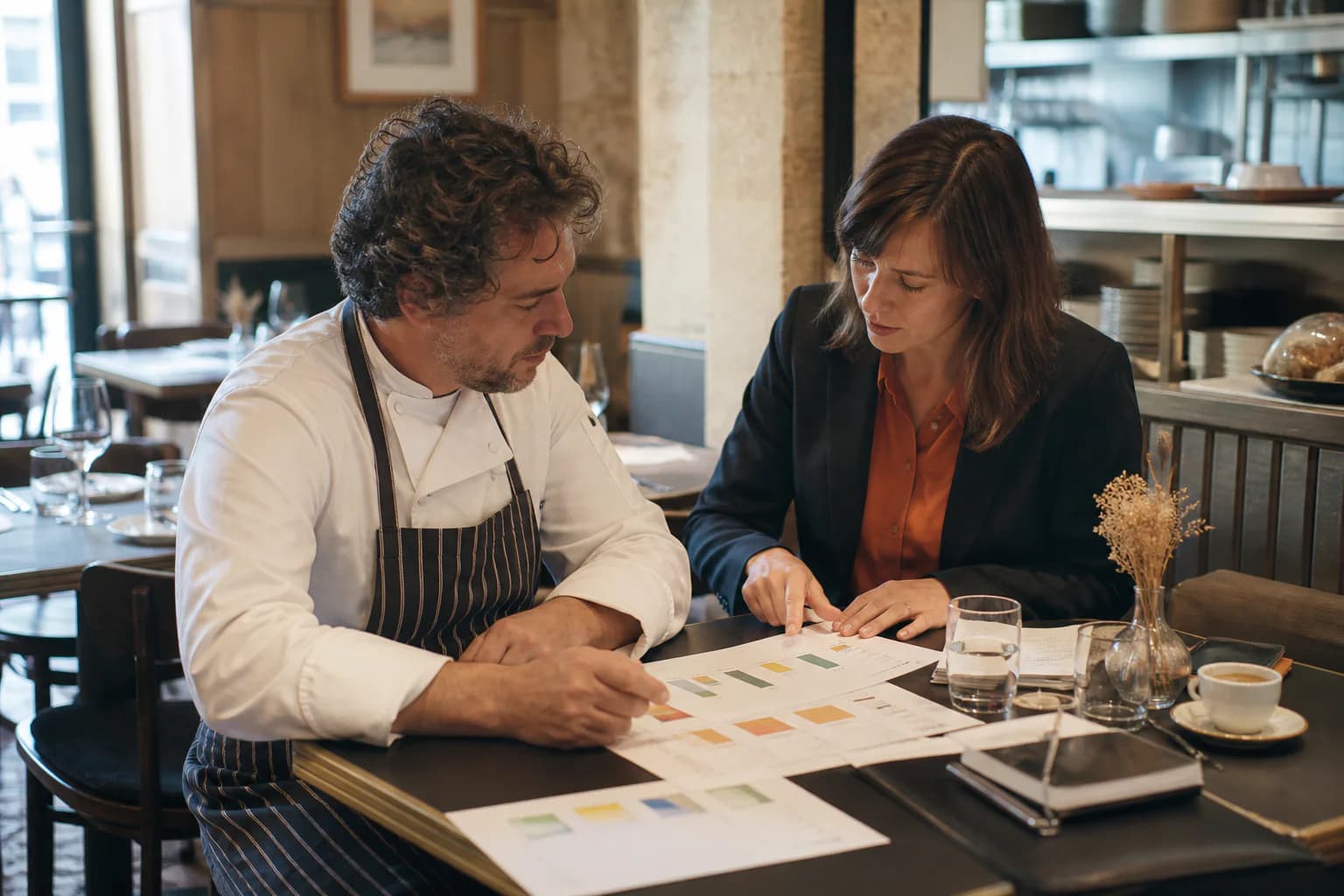 Une restauratrice échange avec un expert autour des résultats de son établissement