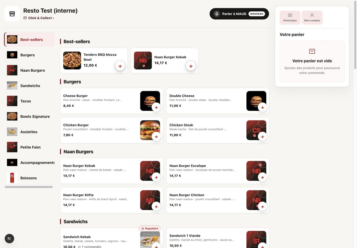 La boutique de commande BestResto du restaurant interne de démonstration